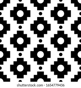 Seamless pattern. Inca crosses, circles ornament. Ethnic embroidery wallpaper. Tribal image. Ethnical folk background. Tribe motif. Ancient mosaic. Digital paper for web design, textile print. Vector.