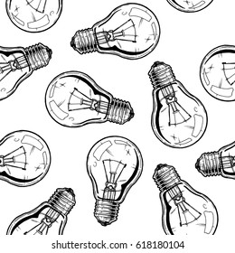 Seamless pattern with incandescent light bulbs. Vector illustration background in ink hand drawn style on white background.  
