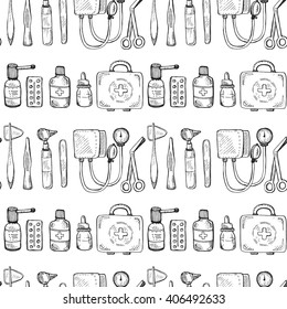 Seamless pattern including equipment , medical tools and drugs. Vector hand drawn medical collection