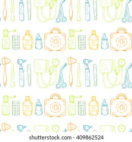 Seamless pattern including equipment , medical tools and drugs. Vector hand drawn medical collection