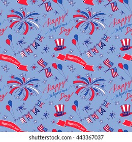 Seamless pattern for Independence Day - USA national holiday Fourth of July. Celebration background with hat, firework, American flags, balloons, badge and ink calligraphy Happy Independence Day