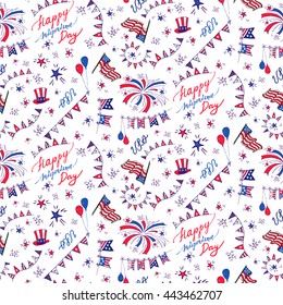 Seamless pattern for Independence Day - USA national holiday Fourth of July. Celebration background with hat, firework, American flags, balloons, badge and ink calligraphy Happy Independence Day