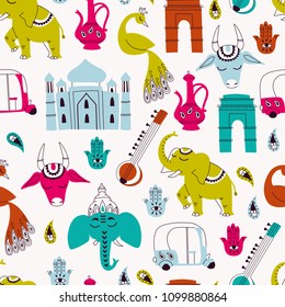Seamless Pattern with India Icons: Elephant, Cow, Ganesha, Taj m