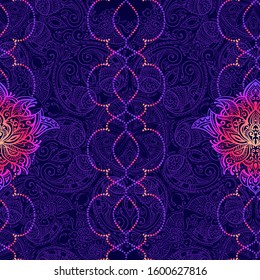 Seamless pattern with indian and arabic ornaments. Paisley and stylized lotus flowers.