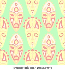 Seamless Pattern. Indian Seamless Background with Ritual Masks for Print or Card. Ethnic Seamless Pattern with Color Trible Shamanic Masks for your Design. Vector Texture.
