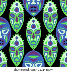Seamless Pattern. Indian Seamless Background with Ritual Masks for Textile or Paper. Ethnic Seamless Background with Color Trible Ritual Masks for your Design. Vector Texture.