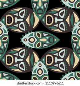 Seamless Pattern. Indian Seamless Background with Ritual Masks for Textile or Paper. Ethnic Seamless Pattern with Color Trible Shamanic Masks for your Design. Vector Texture.
