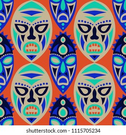 Seamless Pattern. Indian Seamless Background with Ritual Masks for Textile or Paper. Ethnic Seamless Pattern with Color Trible Shamanic Masks for your Design. Vector Texture.