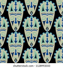 Seamless Pattern. Indian Seamless Background with Ritual Masks for Poster or Banner. Ethnic Seamless Background with Color Trible Ritual Masks for your Design. Vector Texture.