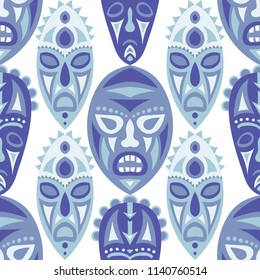 Seamless Pattern. Indian Seamless Background with Ritual Masks for Print or Card. Ethnic Seamless Background with Color Trible Ritual Masks for your Design. Vector Texture.