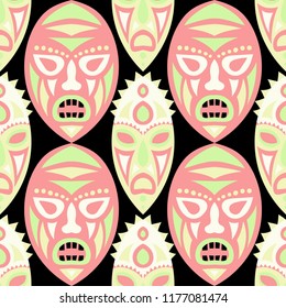 Seamless Pattern. Indian Seamless Background with Ritual Masks for Textile or Paper. Ethnic Seamless Pattern with Color Trible Shamanic Masks for your Design. Vector Texture.
