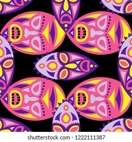 Seamless Pattern. Indian Seamless Background with Ritual Masks for Card or Poster. Ethnic Seamless Pattern with Color Trible Shamanic Masks for your Design. Vector Texture.