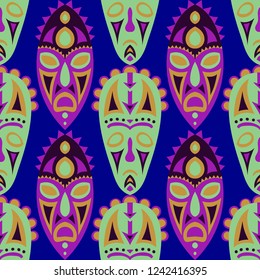 Seamless Pattern. Indian Seamless Background with Ritual Masks for Print or Card. Ethnic Seamless Pattern with Color Trible Shamanic Masks for your Design. Vector Texture.