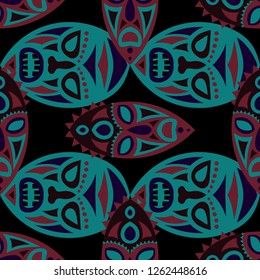 Seamless Pattern. Indian Seamless Background with Ritual Masks for Card or Poster. Ethnic Seamless Pattern with Color Trible Shamanic Masks for your Design. Vector Texture.