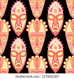 Seamless Pattern. Indian Seamless Background with Ritual Masks for Textile or Paper. Ethnic Seamless Pattern with Color Trible Shamanic Masks for your Design. Vector Texture.