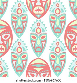Seamless Pattern. Indian Seamless Background with Ritual Masks for Print or Card. Ethnic Seamless Pattern with Color Trible Shamanic Masks for your Design. Vector Texture.