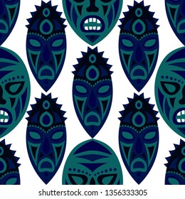 Seamless Pattern. Indian Seamless Background with Ritual Masks for Print or Card. Ethnic Seamless Pattern with Color Trible Shamanic Masks for your Design. Vector Texture.