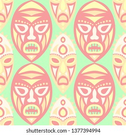 Seamless Pattern. Indian Seamless Background with Ritual Masks for Textile or Paper. Ethnic Seamless Pattern with Color Trible Shamanic Masks for your Design. Vector Texture.