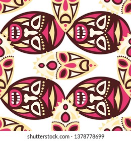 Seamless Pattern. Indian Seamless Background with Ritual Masks for Textile or Paper. Ethnic Seamless Pattern with Color Trible Shamanic Masks for your Design. Vector Texture.