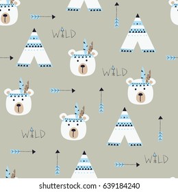 Seamless pattern with indian bears, wigwams and arrows for wrapping paper, scrapbook paper, bedding pattern