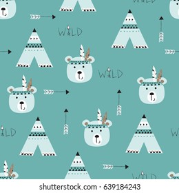 Seamless pattern with indian bears, wigwams and arrows for wrapping paper, scrapbook paper, bedding pattern, vector fabric textile print