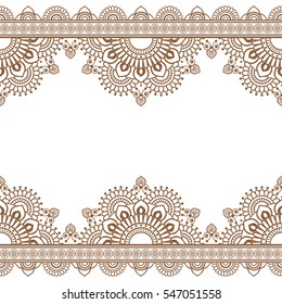 Seamless Pattern Indian Brown Henna mehndi border elements with flowers for card and tattoo on white background. Vector illustration