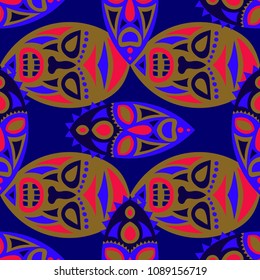 Seamless Pattern. Indian Seamless Pattern with Color Masks for Poster or Banner. Ethnic Seamless Pattern with Color Trible Shamanic Masks for your Design. Vector Texture.