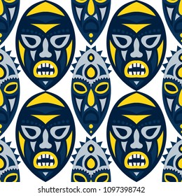 Seamless Pattern. Indian Seamless Pattern with Color Masks for Card or Poster. Ethnic Seamless Pattern with Color Trible Shamanic Masks for your Design. Vector Texture.