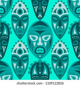 Seamless Pattern. Indian Seamless Pattern with Color Masks for Card or Poster. Ethnic Seamless Background with Color Trible Ritual Masks for your Design. Vector Texture.