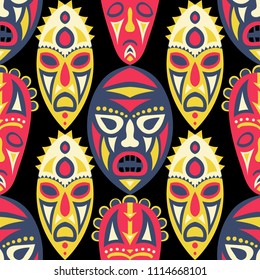 Seamless Pattern. Indian Seamless Pattern with Color Masks for Textile or Paper. Ethnic Seamless Pattern with Color Trible Shamanic Masks for your Design. Vector Texture.