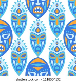Seamless Pattern. Indian Seamless Pattern with Color Masks for Poster or Banner. Ethnic Seamless Background with Color Tribal Ritual Masks for your Design. Vector Texture.