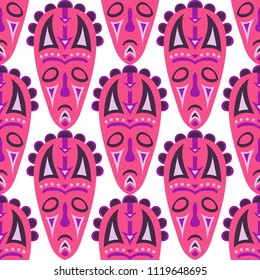 Seamless Pattern. Indian Seamless Pattern with Color Masks for Card or Poster. Ethnic Seamless Background with Color Trible Ritual Masks for your Design. Vector Texture.