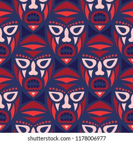 Seamless Pattern. Indian Seamless Pattern with Color Masks for Poster or Banner. Ethnic Seamless Background with Color Trible Ritual Masks for your Design. Vector Texture.