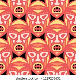 Seamless Pattern. Indian Seamless Pattern with Color Masks for Card or Poster. Ethnic Seamless Background with Color Trible Ritual Masks for your Design. Vector Texture.