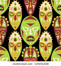 Seamless Pattern. Indian Seamless Pattern with Color Masks for Print or Card. Ethnic Seamless Pattern with Color Trible Shamanic Masks for your Design. Vector Texture.