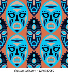 Seamless Pattern. Indian Seamless Pattern with Color Masks for Textile or Paper. Ethnic Seamless Background with Color Trible Ritual Masks for your Design. Vector Texture.