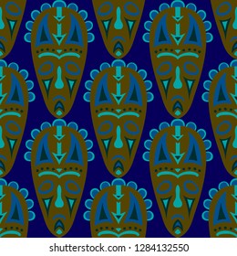 Seamless Pattern. Indian Seamless Pattern with Color Masks for Print or Card. Ethnic Seamless Background with Color Trible Ritual Masks for your Design. Vector Texture.