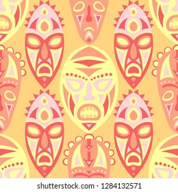 Seamless Pattern. Indian Seamless Pattern with Color Masks for Card or Poster. Ethnic Seamless Pattern with Color Trible Shamanic Masks for your Design. Vector Texture.