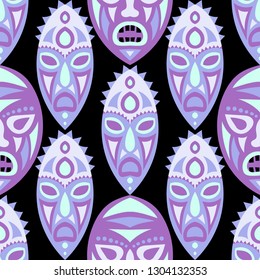 Seamless Pattern. Indian Seamless Pattern with Color Masks for Poster or Banner. Ethnic Seamless Pattern with Color Trible Shamanic Masks for your Design. Vector Texture.