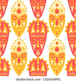 Seamless Pattern. Indian Seamless Pattern with Color Masks for Card or Poster. Ethnic Seamless Background with Color Trible Ritual Masks for your Design. Vector Texture.