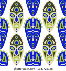Seamless Pattern. Indian Seamless Pattern with Color Masks for Print or Card. Ethnic Seamless Pattern with Color Trible Shamanic Masks for your Design. Vector Texture.