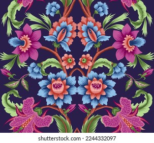 Seamless pattern with Indian decorative flowers. Vector