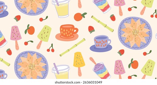 Seamless pattern of Indian desserts and drinks. Kaju Katli, Kulfi, Ice Gola, Sugarcane Juice with fruits, cups and sticks. Hand drawn flat vector design on light background for packaging or textile