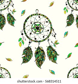 Seamless pattern Indian Dream Catcher. With beads, feathers. Vector image. 