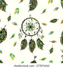 Seamless pattern Indian dream catcher. With beads, feathers. Vector image. Boho style. Sketch Bohemian style for fashion, print, fabric, textile, fabric, material, paperhumanism religion the occult.