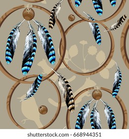 Seamless pattern with Indian dream catchers, bird's feathers and silhouettes of wildlife. Ecology, nature, environment, new age. Colorful on a beige background.