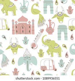 Seamless Pattern with Indian Elements. Hand Drawn Vector. 