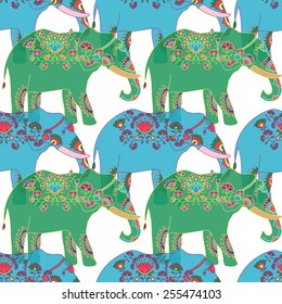 Seamless pattern with indian elephant with beautiful pattern. 
