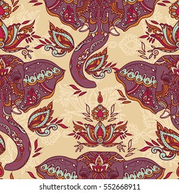 Seamless pattern with indian elephants and beautiful paisley ornament, vector illustration