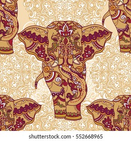 Seamless pattern with indian elephants and beautiful paisley ornament, vector illustration